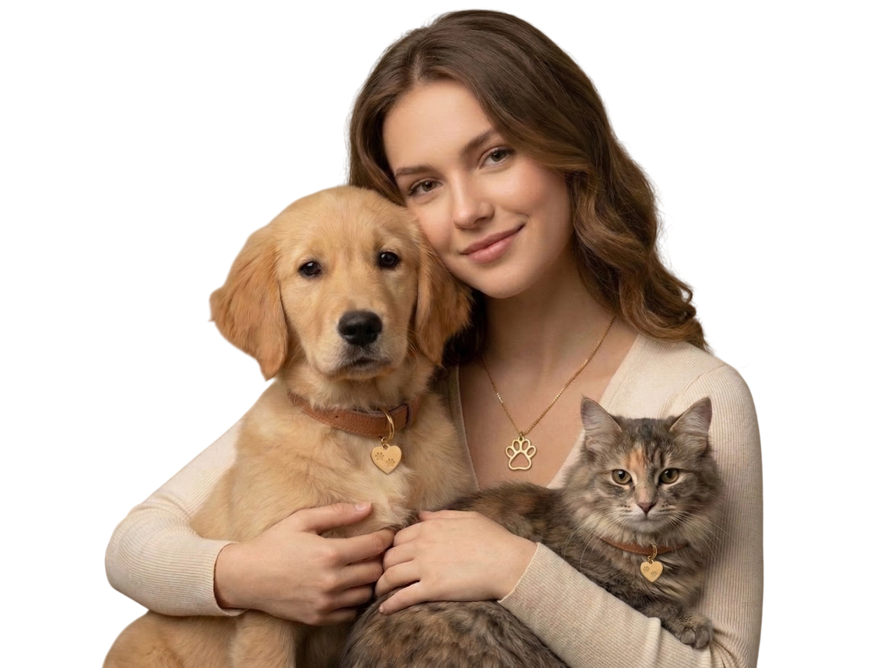 Tutora com cachorro e gato usando pingentes dourados exclusivos
